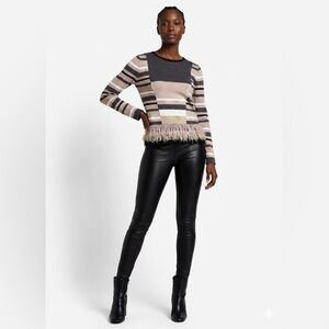 DRAW Women's Charcoal & Sand Metallic Striped Sweater with Fringe Bottom Size S